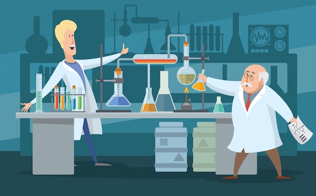 Dos científicos en el laboratorio, ilustración en color de dibujos animados. Los científicos hombres se regocijan con el descubrimiento. Hay muchos tubos de ensayo en el laboratorio.