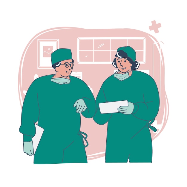 Dos cirujanos discutiendo la ilustración vectorial del caso del paciente