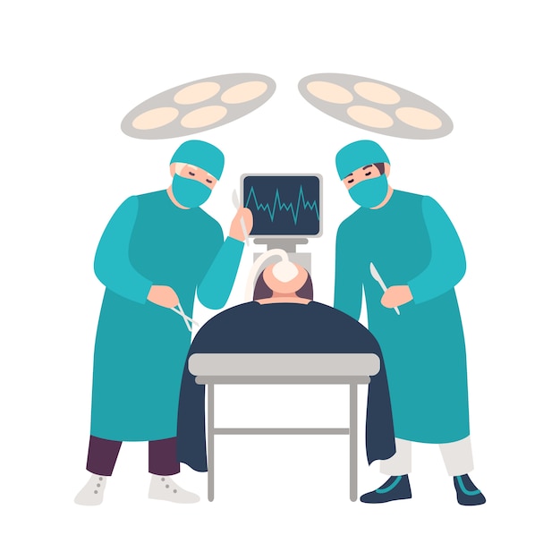 Vector dos cirujanos o médicos que sostienen los escalpelos que realizan la operación quirúrgica en el paciente de mentira aislado en el fondo blanco. cirugía, procedimiento médico. ilustración de dibujos animados de color en estilo plano