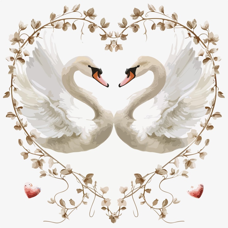 Vector dos cisnes enamorados con un corazón que dice cisnes