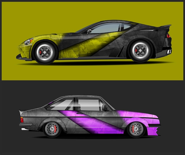 Dos coches de diferentes colores están pintados sobre un fondo negro.