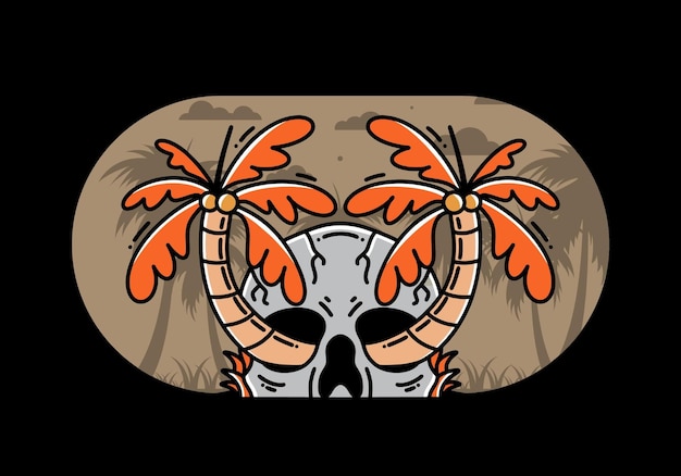 Dos cocoteros que crecen en una ilustración de calavera
