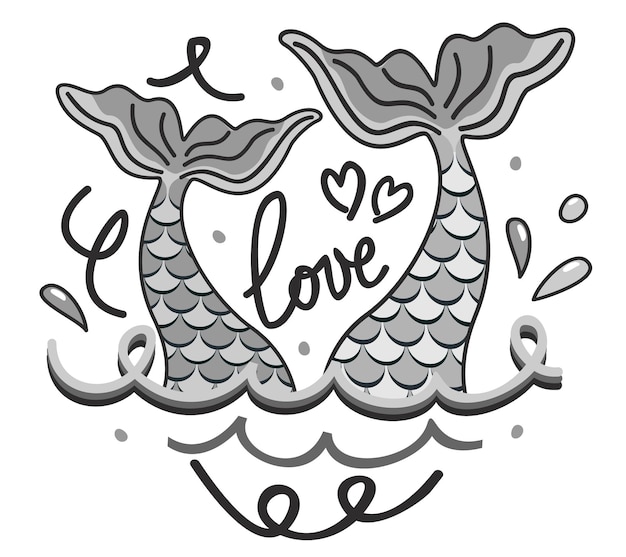 Dos colas de sirena en ondas Amor concepto Vector monocromo ilustración aislada