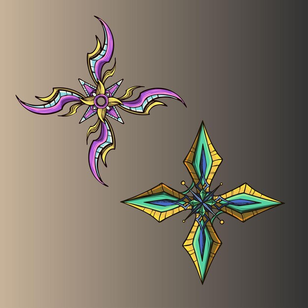 dos coloridos conjuntos vectoriales de shuriken antiguos