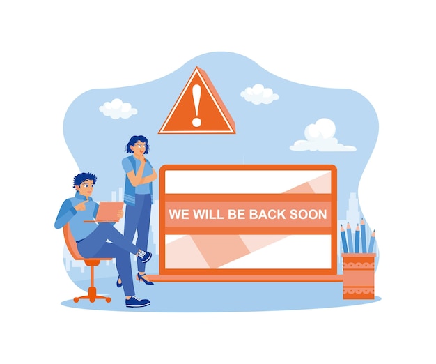 Dos compañeros de trabajo usan una computadora portátil mientras cargan un sitio Sitio web en concepto de error Página de error 404
