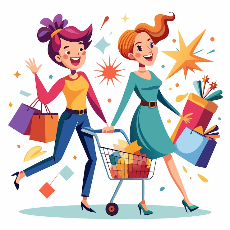 Vector dos compradoras felices caminando con bolsas y regalos en un carrito de compras