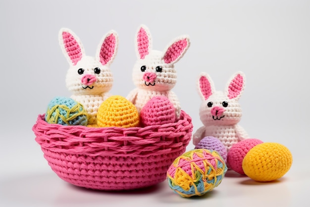 dos conejitos de gancho de Pascua en una canasta con huevos de gancho