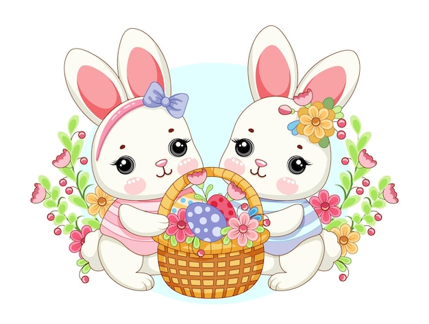 Dos conejitos de Pascua con una canasta de flores y huevos contra la hierba verde