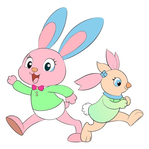 dos conejos y conejitos están corriendo juntos uno con el otro