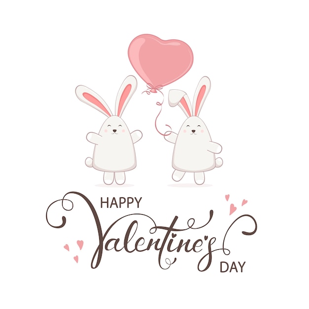 Dos conejos y corazón de San Valentín rosa sobre fondo blanco.