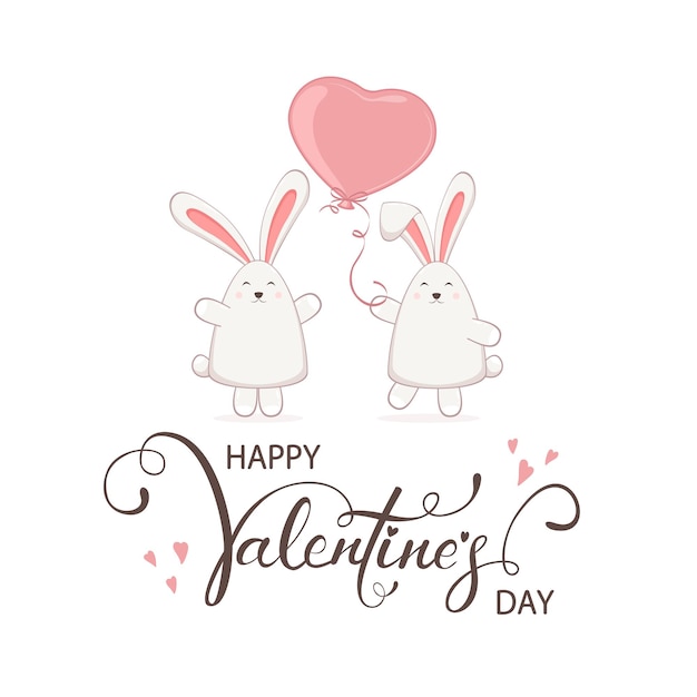 Vector dos conejos y corazón de san valentín rosa sobre fondo blanco.