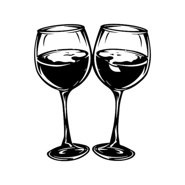 Dos copas de vino logotipo empresa de vino o restaurante o bar elemento de diseño vector simple en blanco y negro