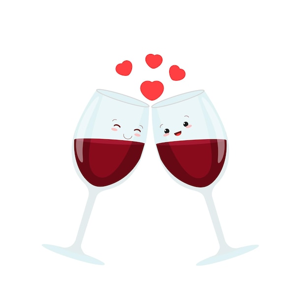Dos copas de vino. Precioso concepto para el día de San Valentín. ilustración vectorial Pareja enamorada de escuchar