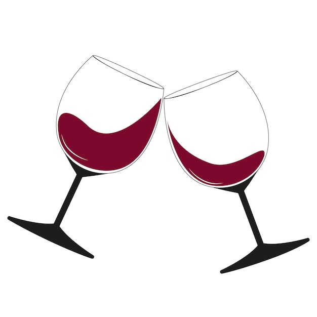 Vector dos copas de vino tinto en vasos tintineantes inclinados de brindis de celebración