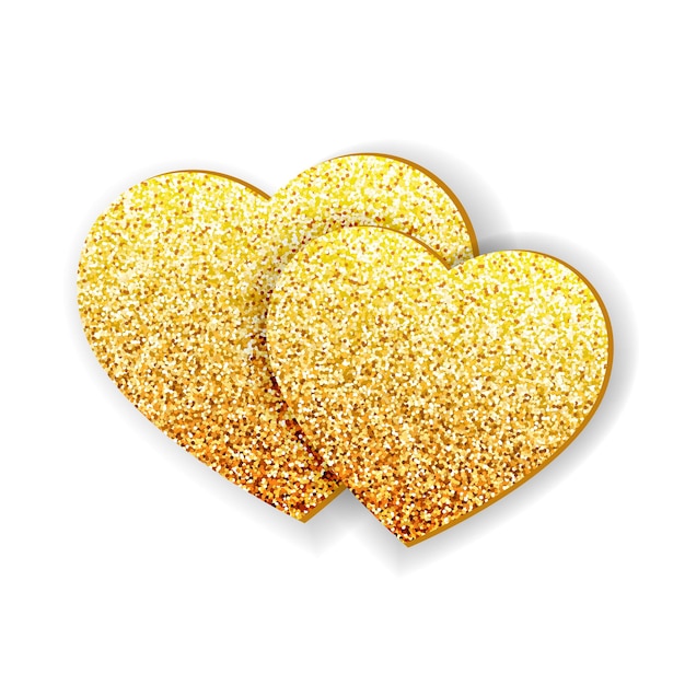 Dos corazones de brillo planos diseño de tarjeta de feliz día de san valentín formas de corazón de brillo dorado