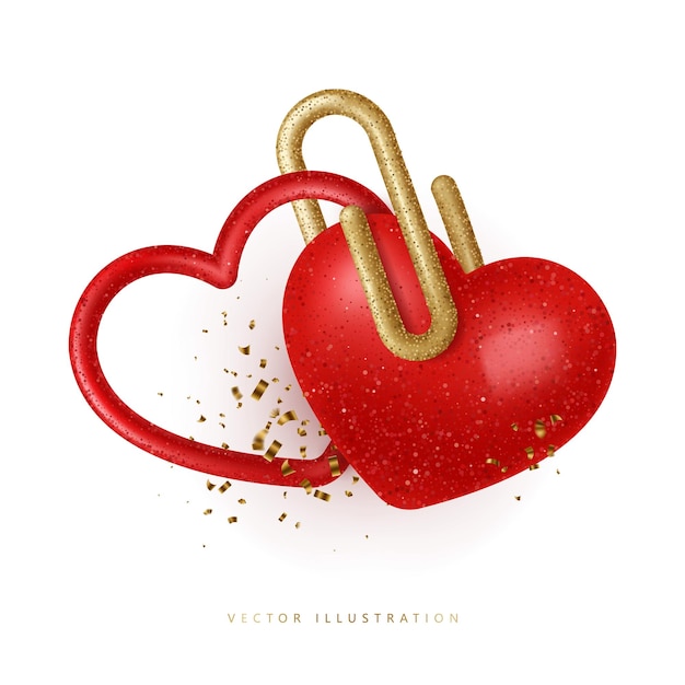 Dos corazones conectados con un clips de papel ilustración de love vector en el estilo 3d