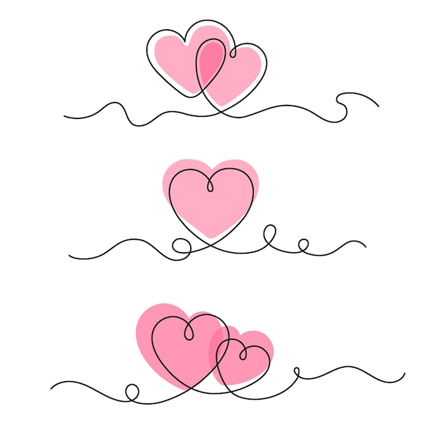 Dos corazones continuos en una línea Corazones rojos en un estilo de boceto de línea gran amor y concepto del día de San Valentín para amantes Diseño lineal de corazones minimalistas para tarjetas de boda Conjunto vectorial aislado