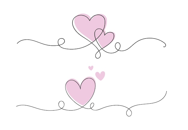 Dos corazones continuos de una línea de dibujo de arte concepto de día de san valentín corazón amor pareja contorno artístico aislado ilustración vectorial