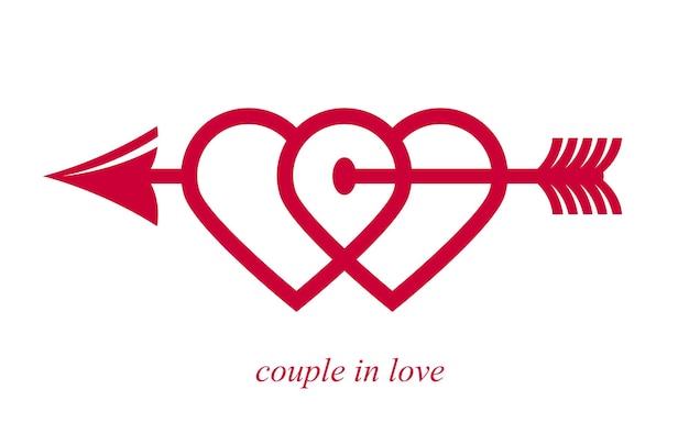 Dos corazones dobles con flecha de Cupido desde el arco icono vectorial o logotipo boda y concepto de pareja tema romántico cuidado y unión dos corazones conectados conectados