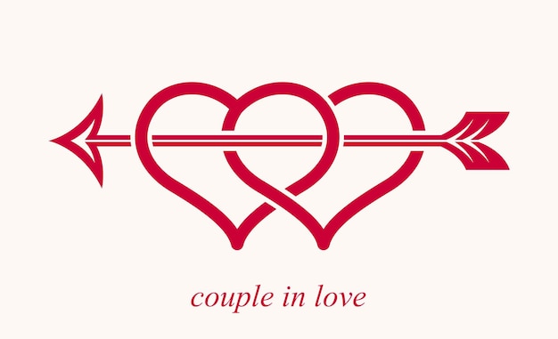 Dos corazones dobles con flecha de cupido desde el icono o logotipo del vector de arco, concepto de boda y pareja tema romántico, cuidado y unión, dos corazones vinculados conectados.