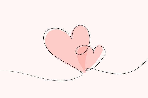 Dos corazones entrelazados dibujados con una sola línea continua en un fondo beige Ilustración romántica minimalista con formas de corazón rosado suave Día de San Valentín y concepto de amor