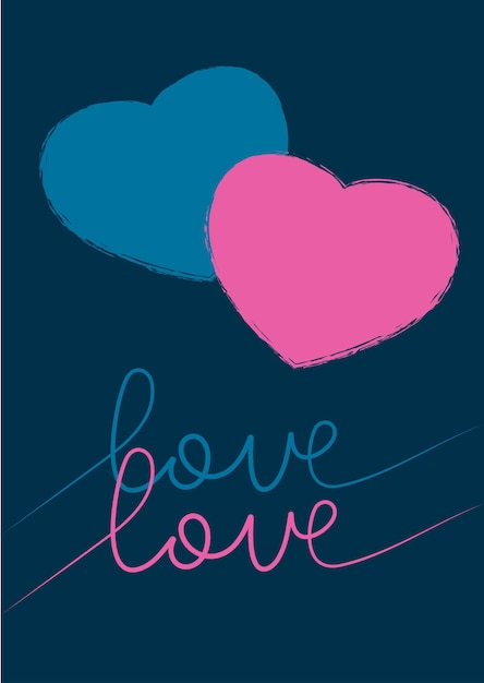 Dos corazones con letras de amor. Feliz tarjeta de felicitación del día de San Valentín. Plantilla de tarjetas imprimibles, A6