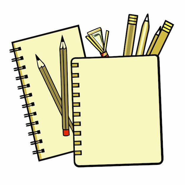 Dos cuadernos abiertos con lápices y una página en blanco