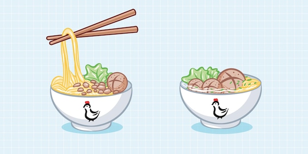 dos cuencos Mie Ayam es el tradicional fideos de pollo indonesio de comida con pollo y fideos en ellos