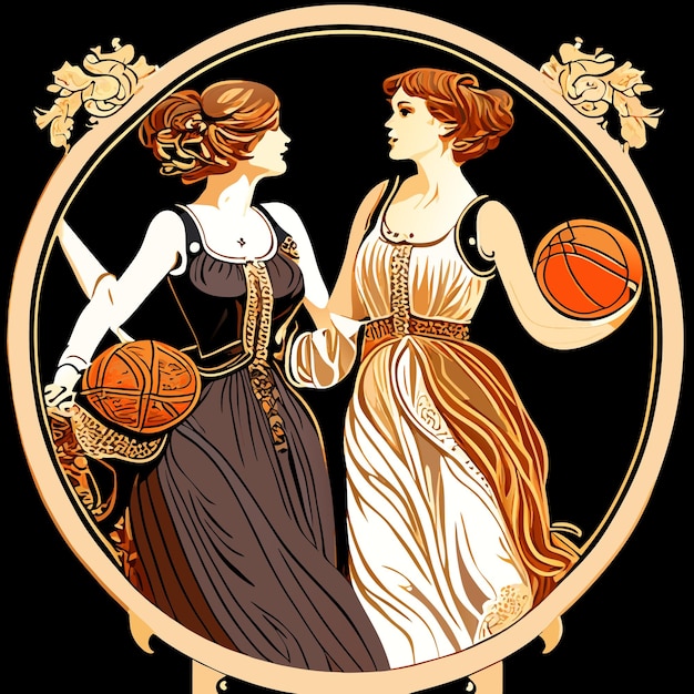 Vector dos damas victorianas con vestidos jugando al baloncesto