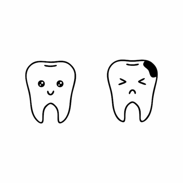 Dos dientes con caras lindas. Un diente sano y caries. Vector sobre el tema de la higiene y el cuidado bucal. Ilustración para una clínica dental.
