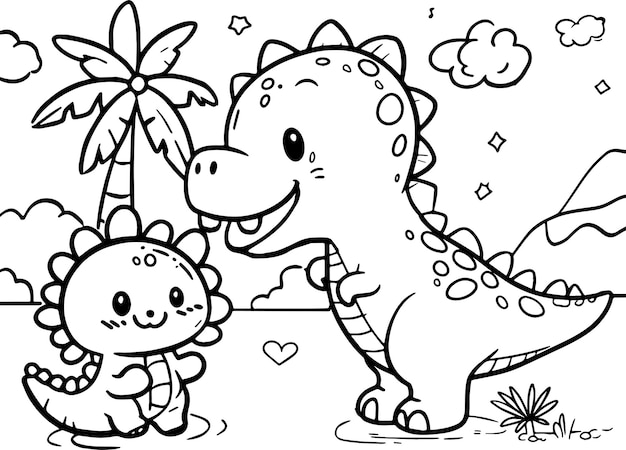 Vector dos dinosaurios lindos jugando juntos en el bosque página para colorear