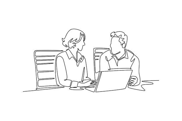 Dos ejecutivos profesionales felices y ocupados trabajan juntos en una computadora portátil.