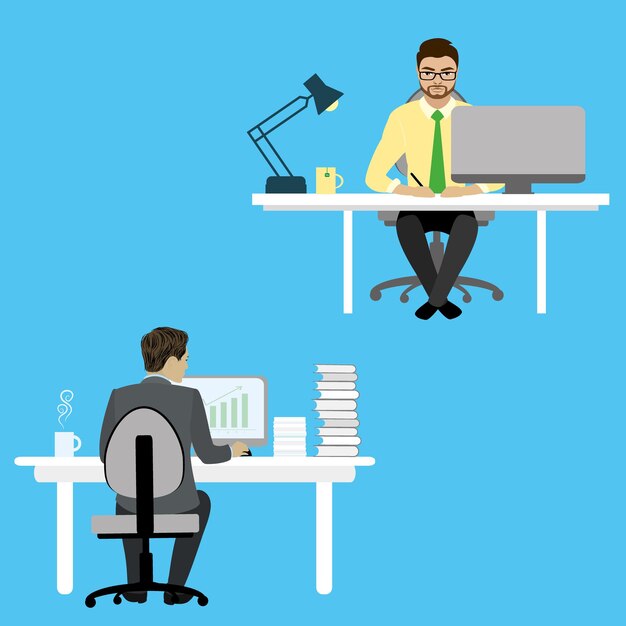 Dos Empresario o empleado de oficina sentado en un escritorio y trabajando en la computadora Vector de coworking en el lugar de trabajo