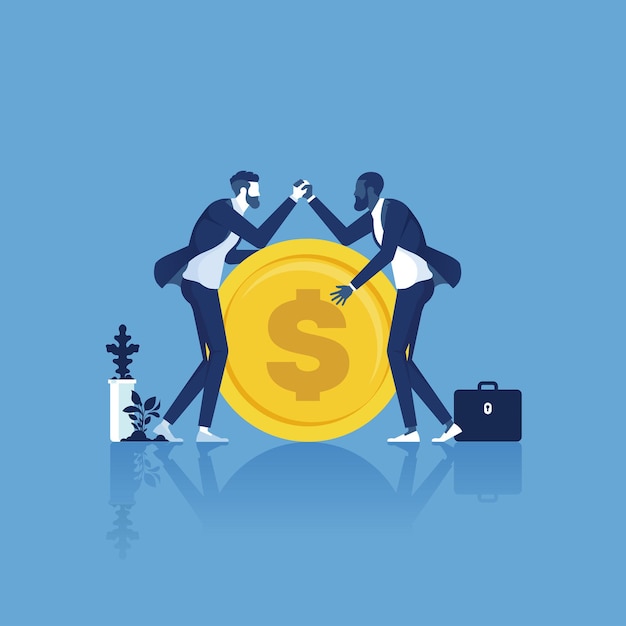 Dos empresario participa en una lucha de brazos por dinero con todo el esfuerzo lucha por la competencia de dinero