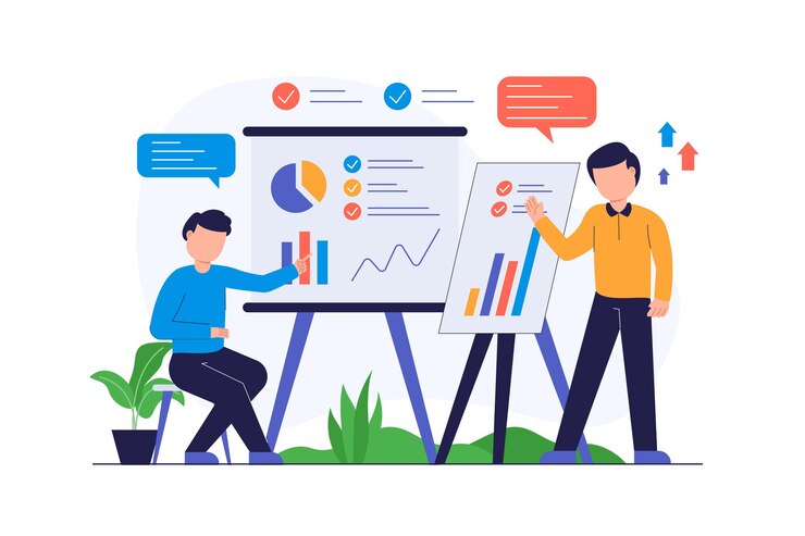 Vector dos empresarios están trabajando en el análisis de la ilustración plana moderna de gestión de datos