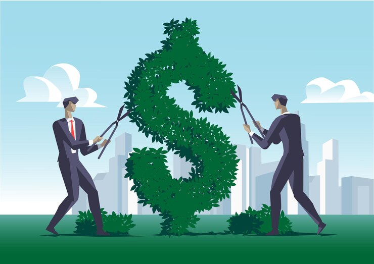Vector dos empresarios invierten en la economía verde recortando un seto en forma de dólar