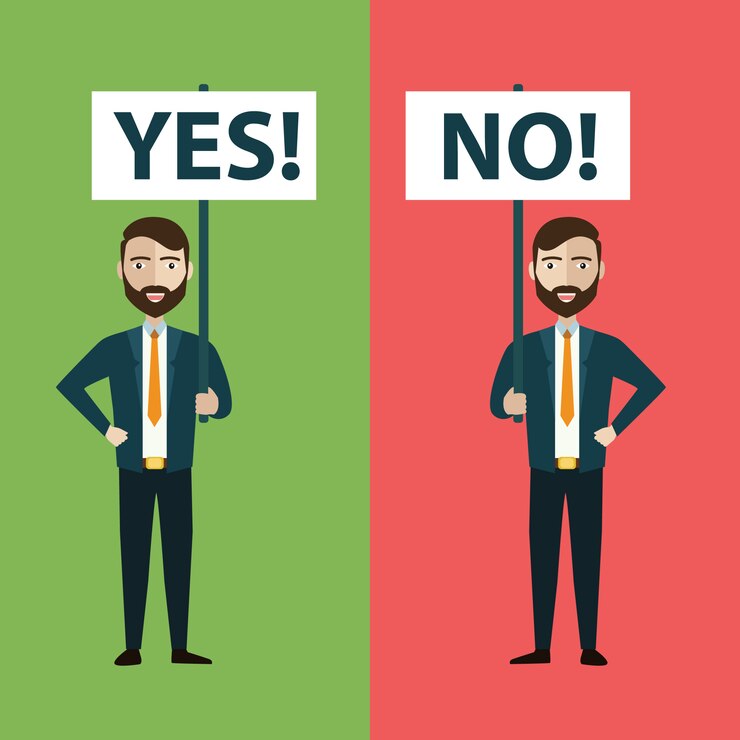 Vector dos empresarios con sí y sin pancartas.