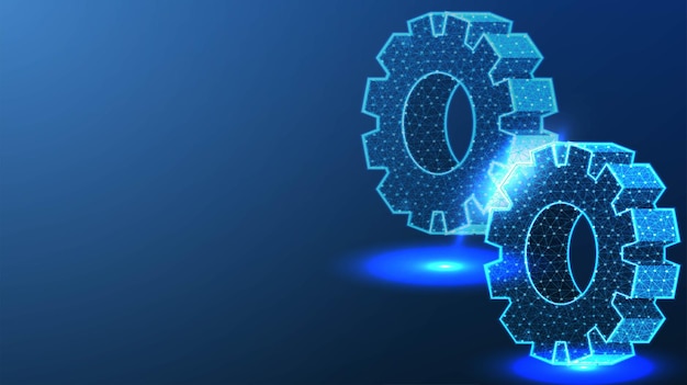 Dos engranajes Rueda dentada Concepto de transmisión Máquina de tecnología mecánica Industria desarrollo motor trabajo solución empresarial concepto de trabajo en equipo Resumen bajo poli Triángulo punto línea polígono