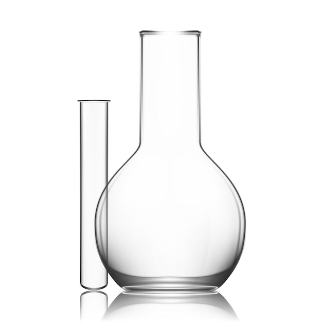 Dos equipos de cristalería de laboratorio químico o vaso de precipitados tubo de ensayo transparente vacío