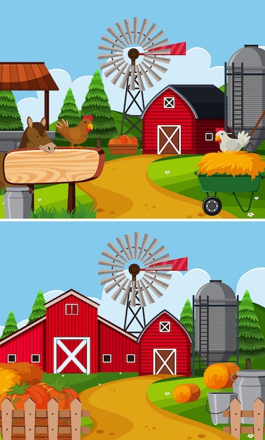 Dos escenas de granja con granero y animales