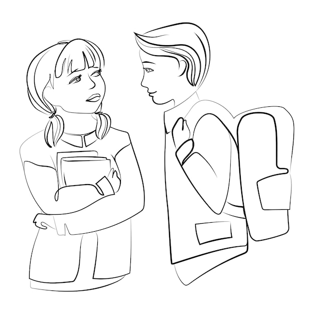 Dos escolares niños niño y niña hablando cerca de la escuela dibujo de línea sketchback to school concept