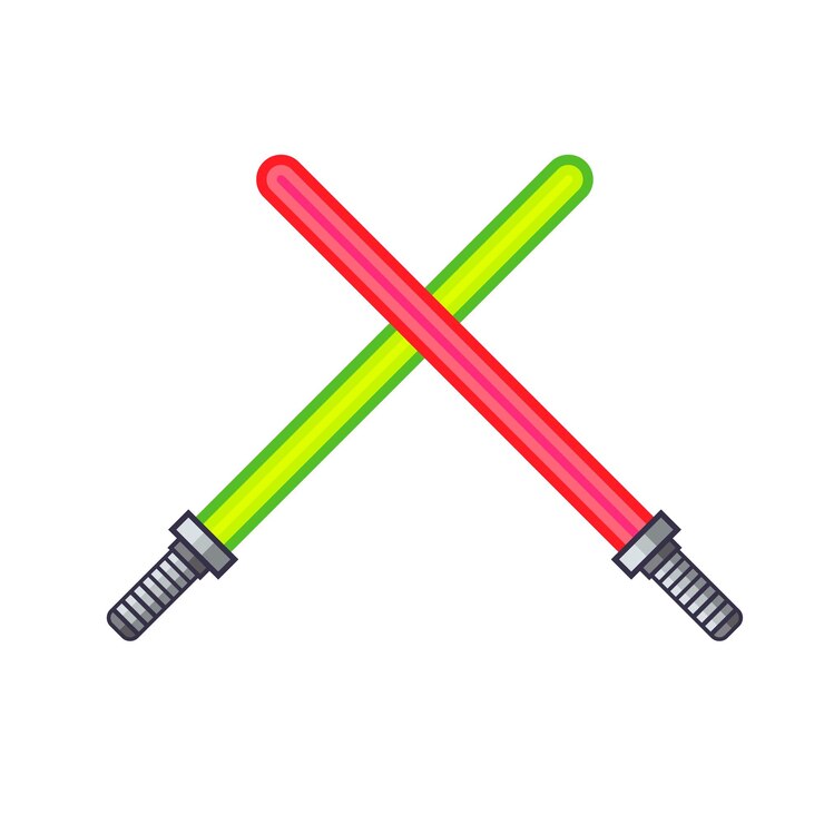 Vector dos espadas de luz de dibujos animados cruzadas verde y rojo aisladas en el vector de fondo blanco