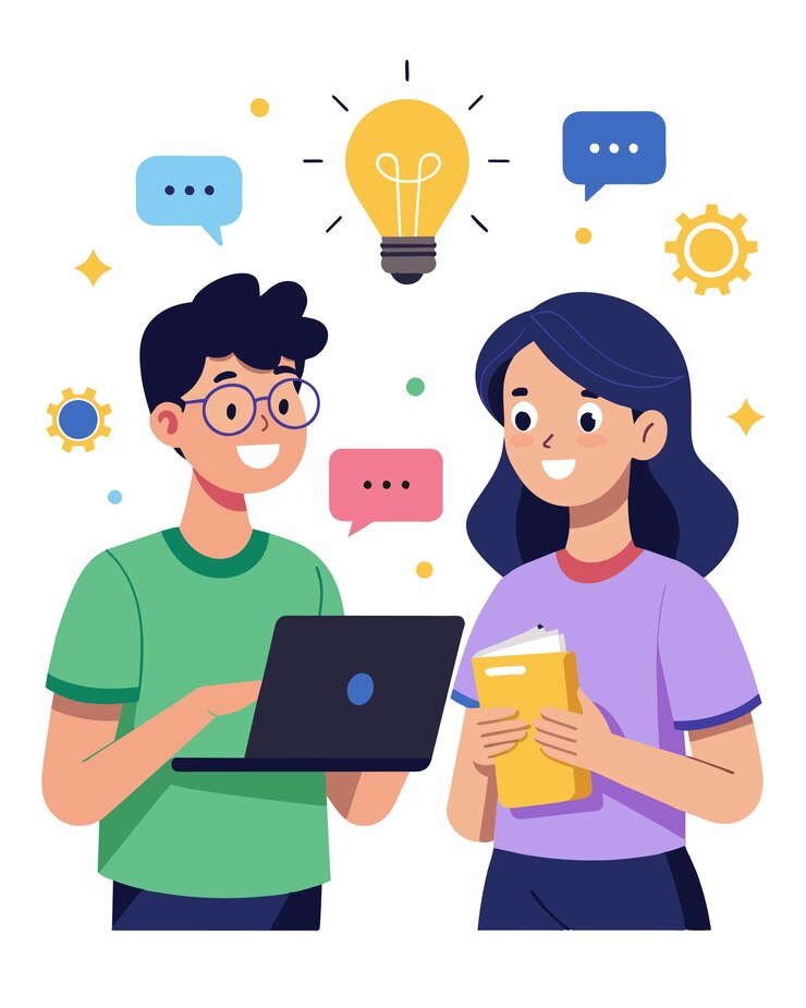 Vector dos estudiantes discuten con entusiasmo y hacen una tormenta de ideas nuevas para sus asistentes virtuales su codificación