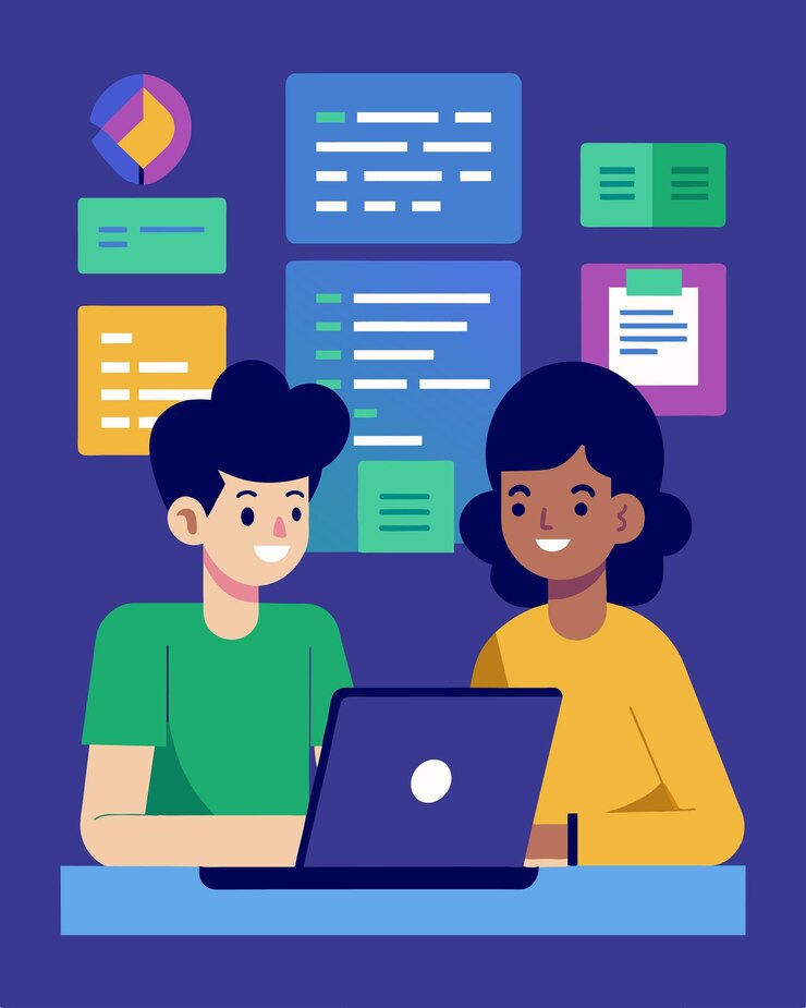 Vector dos estudiantes trabajando en colaboración en un proyecto de codificación uno escribiendo en una computadora portátil mientras el otro