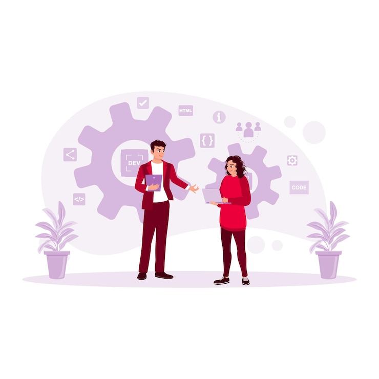Vector dos expertos profesionales en ti están desarrollando software con tabletas digitales y portátiles