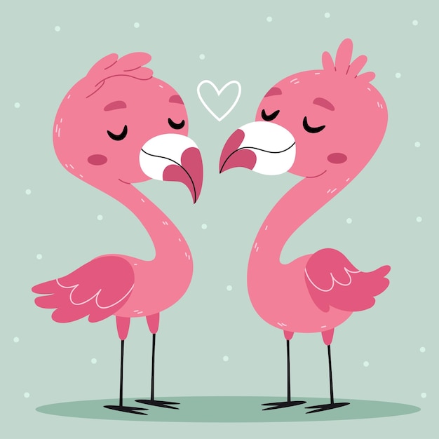 Dos flamencos rosados en un fondo turquesa Día de San Valentín