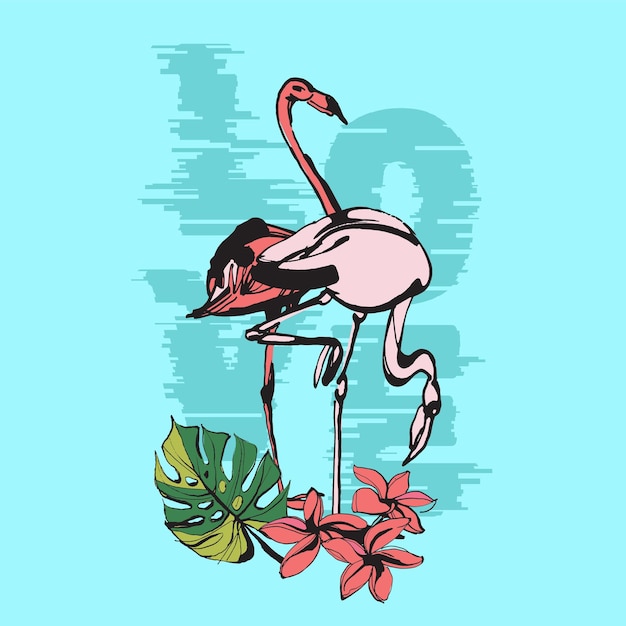 Dos flores botánicas Flamingo y diseño de vectores de hojas tropicales