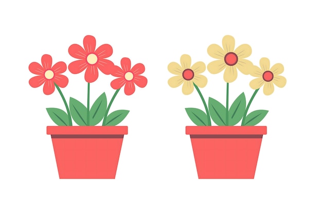 Dos flores en maceta de colores vibrantes para la decoración Ilustración de diseño vectorial de flores caseras en maceta