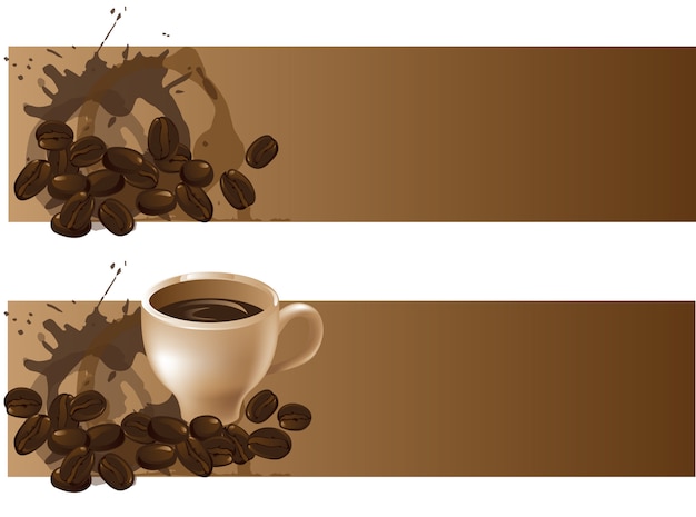 Dos fondos con granos de café y una taza de café