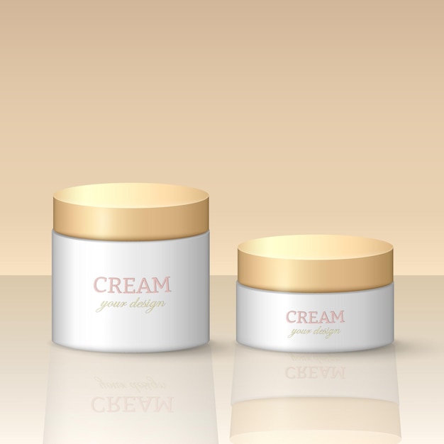 Dos frascos de crema 3d blancos con tapas doradas Maqueta de productos para el cuidado de la piel con reflejo para el diseño del logotipo